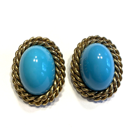 Chunky Y2K Goldtone Clip On Earrings Oval Rope Texture Blue Domed Center Bead - Picture 1 of 6